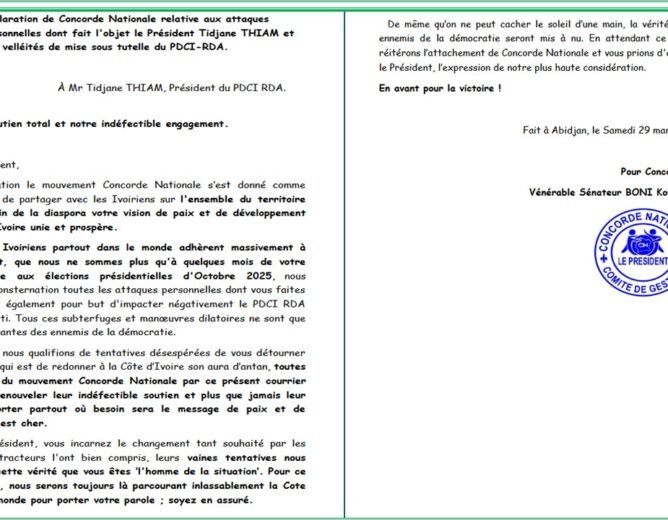 PUBLICATION CONCORDE NATIONALE : Déclaration de Concorde Nationale relative aux attaques
personnelles dont fait l'objet le Président Tidjane THIAM